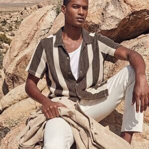 Todd Snyder Stiripe Open knit Cabana Shirt Brown beige size Medium